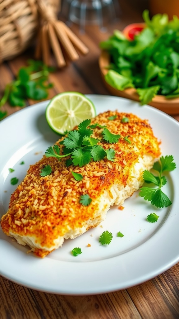 Coconut crusted cod fillets on a plate garnished with lime and cilantro, served with a side salad.